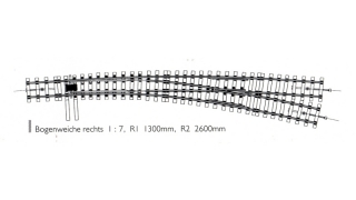 BEMO 9112 000 0m - Ferro-Flex Bogenweiche rechts mit Holzschwellen (Kunststoff) 1:7, R1 = 1300 mm, R2 = 2600 mm