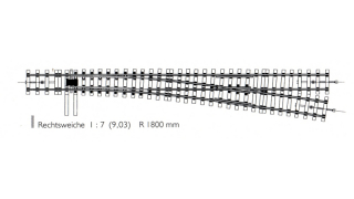 BEMO 9110 000 0m - Ferro-Flex Weiche rechts mit Holzschwellen (Kunststoff) 1:7 (8,2°) R = 1800 mm