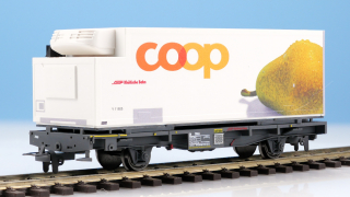 BEMO 2269 125 - RhB Lb-v 7865 Containertragwagen 2-achsig, grau mit Kühlcontainer "coop" Birne