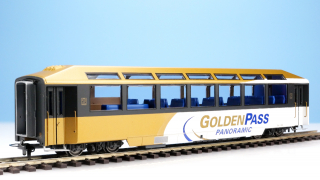 BEMO 3296 318 - MOB Brs 228 Panoramawagen 4-achsig 2. Klasse, gold/weiss/dunkelblau "GoldenPass Panoramic"