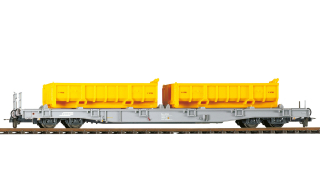 BEMO 2281 103 - RhB Rp-w 8353 Flachwagen 4-achsig, hellgrau - Ladegut 2 Mulden gelb "Vereina-Aushubwagen"