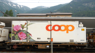 BEMO 9469 111 0m - RhB Lb-v 7861 Containertragwagen 2-achsig, grau - Beladung Kühlcontainer Y 11534 "coop" Lieschen, weiss/bunt