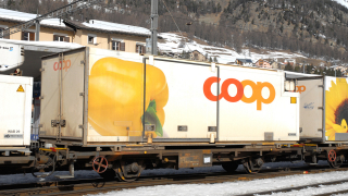BEMO 9469 119 0m - RhB Lb-v 7879 Containertragwagen 2-achsig, grau - Beladung Kühlcontainer Y 11533 "coop" Paprika, weiss/bunt
